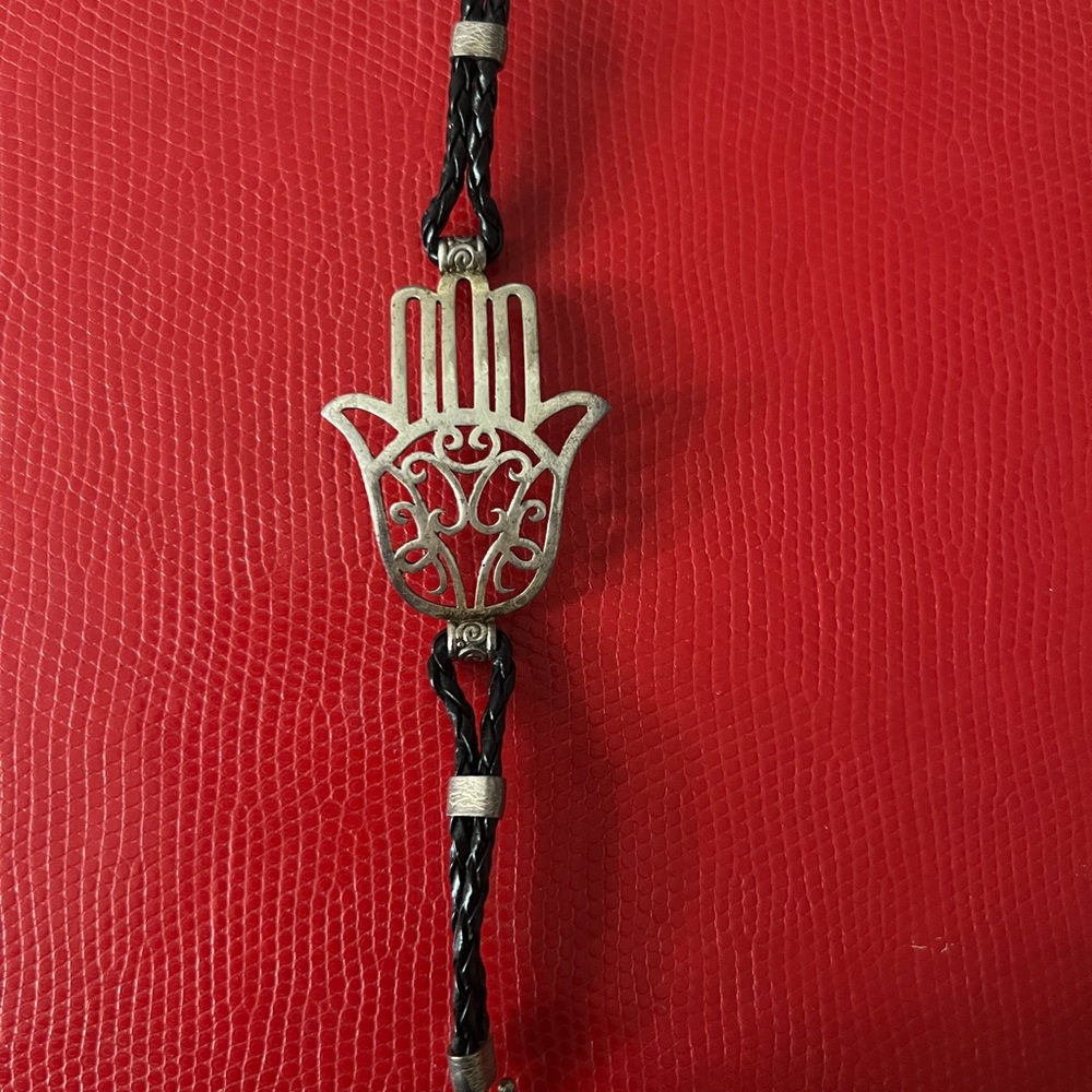 Hamsa Hand Black Leather Bracelet with Silver Charm